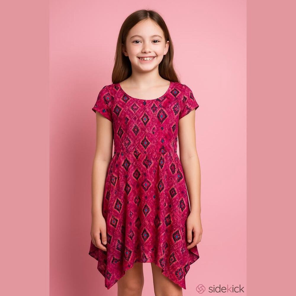 5/$65 Xhilaration Girls Dress Sz M 7 8 Pink Lace Ikat Print Handkerchief Hem